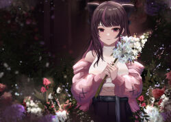 Rule 34 | 1girl, absurdres, belt, black belt, black bow, black shorts, bow, breasts, brown hair, closed mouth, commentary, cowboy shot, crop top, earrings, flower, gmg, hair bow, heart, heart earrings, highres, holding, holding flower, jacket, jewelry, jururu, long hair, long sleeves, looking at viewer, medium breasts, multicolored hair, open clothes, open jacket, pink eyes, pink hair, pink jacket, plant, purple flower, red flower, shirt, shorts, sleeveless, sleeveless shirt, smile, solo, streaked hair, virtual youtuber, waktaverse, white flower, white shirt