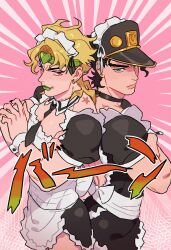 Rule 34 | 2boys, absurdres, apron, back-to-back, backless outfit, birthmark, black dress, black hair, black nails, blonde hair, blue eyes, closed mouth, commentary, crossdressing, crossed arms, dio brando, dress, fangs, frilled apron, frills, green lips, hat, headband, heart, highres, honlo, joestar birthmark, jojo no kimyou na bouken, kuujou joutarou, looking at viewer, maid, maid headdress, male focus, multiple boys, muscular, muscular male, pectorals, red eyes, serious, short hair, stardust crusaders, white apron, wrist cuffs