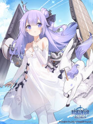 1girl azur_lane bare_shoulders breasts cleavage criss-cross_halter dress flight_deck hair_bun halterneck highres long_hair official_art pantyhose purple_eyes purple_hair single_hair_bun single_side_bun small_breasts solo stuffed_winged_unicorn unicorn_(azur_lane) very_long_hair vilor white_dress white_pantyhose