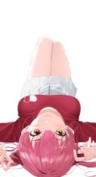 Rule 34 | 1girl, arms up, arrow through heart, blush, breasts, collarbone, heart, heart print, heterochromia, highres, hololive, houshou marine, knatb, knees up, large breasts, long hair, long sleeves, looking at viewer, miniskirt, pink hair, pleated skirt, print shirt, red eyes, red shirt, shirt, simple background, skirt, smile, solo, twintails, upside-down, virtual youtuber, white background, white skirt, yellow eyes