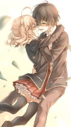 Rule 34 | 1boy, 1girl, ahoge, arms around neck, black hair, black jacket, black pants, black thighhighs, blazer, blonde hair, blush, closed eyes, commentary request, copyright request, dress, face-to-face, falling leaves, green eyes, hair ornament, hairpin, half-closed eyes, hand on another&#039;s neck, happy tears, haru hina, hetero, hug, jacket, kiss day, leaf, long sleeves, open mouth, pants, petticoat, pleated dress, red dress, school uniform, signature, smile, tears, thighhighs, two side up, x hair ornament