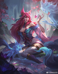 Rule 34 | 3girls, absurdres, ahri (league of legends), animal ears, artist name, bell, blue eyes, breasts, cherry tree, cleavage, detached sleeves, eyeshadow, facial mark, falling petals, fingernails, flower, forest, fox ears, fox girl, fox tail, grass, hair between eyes, highres, large breasts, leaf, league of legends, long hair, lotus, makeup, multiple girls, multiple tails, nail polish, nature, official alternate costume, official alternate hairstyle, outdoors, parted lips, petals, pink flower, pink hair, pink nails, reflection, reflective water, sidelocks, smile, solo focus, spirit, spirit blossom (league of legends), spirit blossom ahri, sydney lily, tail, tree, water, whisker markings, wide sleeves
