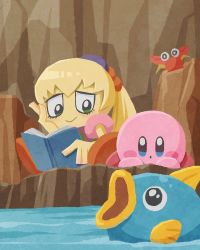 Rule 34 | 1girl, :o, blonde hair, blue eyes, blush, blush stickers, book, closed mouth, colored skin, commentary request, crab, day, eyelashes, fish, fumu (kirby), green eyes, hair ornament, hand up, head rest, highres, holding, holding book, kine (kirby), kirby, kirby: right back at ya, kirby (series), long hair, miclot, nintendo, open book, open mouth, outdoors, parted lips, ponytail, red footwear, rock, shoes, sitting, smile, water, yellow skin