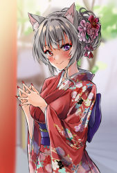 Rule 34 | 1girl, absurdres, animal ears, blurry, blurry background, blush, breasts, cat ears, fingers together, grey hair, hair ornament, heterochromia, highres, japanese clothes, kimono, looking at viewer, marisasu (marisa0904), medium breasts, obi, original, outdoors, sash, short hair, smile, solo, standing, upper body