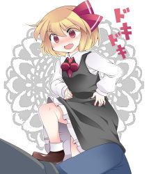 Rule 34 | 1girl, bad id, bad pixiv id, blonde hair, blush, hair ribbon, hammer (sunset beach), hetero, long sleeves, open mouth, puffy sleeves, red eyes, ribbon, rumia, short hair, stepped on, stepping, sweatdrop, touhou