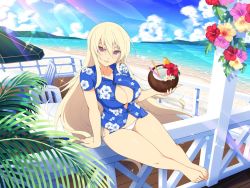 Rule 34 | 10s, 1girl, :d, arm support, barefoot, beach, bikini, bikini bottom only, blonde hair, blue shirt, breasts, cocktail, coconut, day, drinking straw, artistic error, feet, flower, fruit cup, hawaiian shirt, hibiscus, large breasts, leo (senran kagura), long hair, looking at viewer, ocean, official art, open mouth, purple eyes, senran kagura, senran kagura new link, shirt, sitting, smile, solo, swimsuit, toes, very long hair, water, yaegashi nan