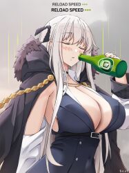 Rule 34 | 1girl, artist name, black coat, blush, bottle, breasts, cleavage, closed eyes, coat, coat on shoulders, girls&#039; frontline, grey background, hair ornament, highres, holding, holding bottle, kar98k (girls&#039; frontline), keenh, large breasts, long hair, long sleeves, parted lips, solo, upper body, white hair