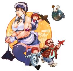 Rule 34 | 1boy, 3girls, aircraft, airplane, beard, black hair, blush, breasts, chibi, cleavage, denim, dog, duster, facial hair, fat, fat man, feather duster, flat chest, frills, glasses, grin, highres, jeans, kitchen, large breasts, maid, maid headdress, midriff, miniskirt, multiple girls, muscular, necktie, open mouth, original, pants, red eyes, red hair, running, satellite, short hair, simple background, skirt, smile, spacecraft, spacesuit, thighhighs, vigwer, white background, zettai ryouiki