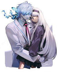 Rule 34 | 1boy, 1girl, black eyes, blindfold, carrying, carrying person, closed mouth, commentary request, covered eyes, cropped legs, dated, dress, expressionless, grey hair, hairband, lab coat, long hair, looking at viewer, mushine kaku, namae shirezu, necktie, one eye closed, otani (gloria), pale skin, purple dress, purple hairband, short dress, short hair, signature, sleeves past fingers, sleeves past wrists, standing, stitched eye, stitched mouth, stitched neck, stitches, utau, white background, white hair