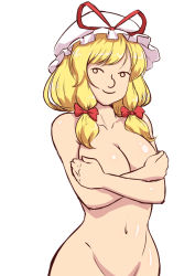 Rule 34 | 1girl, alternate hairstyle, blonde hair, bow, breasts, covering nipples, covering privates, cowboy shot, hair bow, hair up, hat, hat ribbon, hip bones, large breasts, lenny face, looking to the side, mazume, meme, mob cap, navel, nude, outline, ribbon, shiny skin, short hair, simple background, solo, touhou, troll face, white background, yakumo yukari
