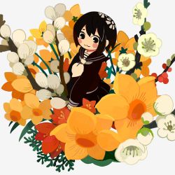 Rule 34 | 1girl, :3, black eyes, black hair, black sailor collar, black serafuku, black shirt, black skirt, blush stickers, bouquet, butudan butugu, closed mouth, flower, highres, long sleeves, looking at viewer, mini person, minigirl, neckerchief, no nose, original, red flower, sailor collar, school uniform, serafuku, shirt, short hair, simple background, skirt, smile, solo, standing, white background, white flower, white neckerchief, yellow flower