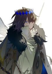 Rule 34 | 1boy, blue eyes, cape, collared shirt, diamond hairband, expressionless, fate/grand order, fate (series), frills, fur-trimmed cape, fur trim, grey hair, hair over one eye, highres, insect wings, looking at viewer, male focus, medium hair, oberon (fate), oberon (third ascension) (fate), shirt, solo, standing, two pokemon, upper body, white background, white shirt, wings