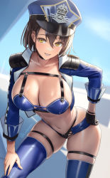 Rule 34 | 1girl, azur lane, baltimore (azur lane), baltimore (finish line flagbearer) (azur lane), bikini, black gloves, blue bikini, blue jacket, blue shorts, blue sky, blush, breasts, brown hair, cleavage, collarbone, cropped jacket, cuboon, gloves, grin, hat, jacket, large breasts, lips, long sleeves, looking at viewer, micro shorts, navel, open clothes, open jacket, race queen, short hair, shorts, sky, smile, solo, swimsuit, thighhighs, thighs, yellow eyes