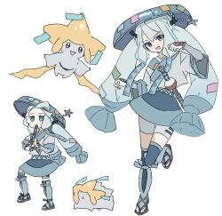 Rule 34 | 1girl, blue hair, creatures (company), flute, full body, game freak, gen 3 pokemon, hat, hatsune miku, highres, holding, holding instrument, instrument, japanese clothes, jirachi, kyoufuu all back (vocaloid), leg up, legendary pokemon, light blue hair, long hair, multicolored hair, multiple views, mythical pokemon, nintendo, open mouth, pokemon, pokemon (creature), project voltage, sidelocks, simple background, star (symbol), steel miku (project voltage), twintails, vocaloid, white background, yunayuispink