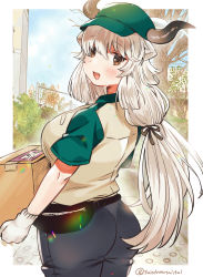 Rule 34 | 1girl, alternate costume, bad id, bad twitter id, baseball cap, beige shirt, blouse, bow, box, brown bow, brown eyes, commentary request, contemporary, cowboy shot, delivery, denim, gloves, green hat, green shirt, hair bow, hat, highres, horns, horns through headwear, jeans, kemono friends, long hair, looking at viewer, looking back, ox ears, ox girl, ox horns, pants, shirt, short sleeves, solo, suicchonsuisui, sweat, twintails, two-tone shirt, white gloves, white hair, yak (kemono friends)
