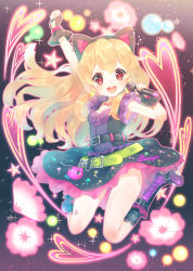 Rule 34 | 10s, 1girl, aikatsu!, aikatsu! (series), animal ears, arm up, belt, blonde hair, boots, cat ears, dress, earrings, fake animal ears, fingerless gloves, flower, frilled dress, frills, full body, gloves, gluteal fold, heart, holding, holding microphone, hoshimiya ichigo, jewelry, jumping, long hair, looking at viewer, microphone, necklace, open mouth, red eyes, sleeveless, smile, solo, star (symbol), suzuho hotaru, teeth