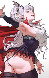 Rule 34 | 1girl, absurdres, ass, bare shoulders, blush, breasts, cape, curvy, draculina (last origin), dress, fangs, highres, huge ass, large breasts, last origin, leotard, long hair, looking at viewer, mr.tangsuyuk, open mouth, pointy ears, ponytail, red eyes, shiny skin, short dress, sideboob, smile, solo, sweat, thick thighs, thighhighs, thighs, very long hair, white hair