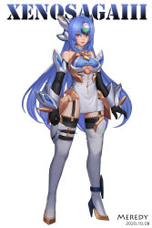 Rule 34 | 1girl, absurdres, ahoge, android, bare shoulders, blue hair, boots, breasts, closed mouth, clothing cutout, dated, dress, elbow gloves, expressionless, forehead protector, full body, garter straps, gloves, halter dress, halterneck, highres, kos-mos, kos-mos ver. 4, lace, lace-trimmed legwear, lace trim, long hair, mecha musume, medium breasts, pelvic curtain, red eyes, solo, thigh boots, thighhighs, underboob, underboob cutout, xenosaga, xenosaga episode iii, yugioh007