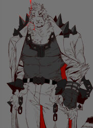 Rule 34 | 1boy, animal ears, arknights, bara, blood, blood on face, chain, chain necklace, feet out of frame, frown, furry, furry male, highres, hinokumo f, jacket, jacket on shoulders, jewelry, large pectorals, looking at viewer, male focus, mountain (arknights), muscular, muscular male, necklace, pectorals, pouring, scar, scar across eye, scar on face, short hair, solo, standing, tiger boy, tiger ears, white fur