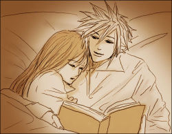 Rule 34 | 1990s (style), bed, blanket, book, cloud strife, closed eyes, final fantasy, final fantasy vii, hug, lowres, monochrome, open book, pillow, reading, sepia, sleeping, tifa lockhart