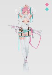 Rule 34 | 1girl, absurdres, armpits, arms on head, arms up, bare shoulders, boots, breasts, closed mouth, clothing cutout, collar, commentary, detached sleeves, full body, green eyes, grey background, gun, hair ornament, hair over one eye, hara kenshi, highres, lips, long sleeves, looking at viewer, medium hair, mole, mole on breast, original, pink hair, round, simple background, small breasts, solo, standing, thigh strap, thighhighs, weapon, white footwear, white thighhighs