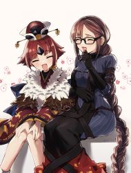 Rule 34 | 2girls, :d, benienma (fate), bird hat, black-framed eyewear, black dress, black gloves, blue bodysuit, blush, bodysuit, bodysuit under clothes, braid, brown hair, brown headwear, brown kimono, closed mouth, commentary request, dress, earrings, elbow gloves, fate/grand order, fate (series), feather trim, glasses, gloves, highres, japanese clothes, jewelry, kimono, laughing, long braid, long hair, multiple earrings, multiple girls, open mouth, pinstripe pattern, seeds328, short hair, single braid, sitting, smile, striped, vertical-striped bodysuit, very long hair, yu mei-ren (fate), yu mei-ren (first ascension) (fate)