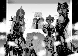 Rule 34 | animal ears, arknights, bare shoulders, bear boy, bear ears, breasts, character request, coat, fedora, fins, fur trim, furry, furry female, furry male, glasses, gloves, hat, head fins, holding, horns, hoshiguma (arknights), iwashi 80, jacket, jaye (arknights), large breasts, lee (arknights), long hair, long sleeves, looking at viewer, mask, monochrome, mouth mask, multicolored fur, multicolored hair, open clothes, round eyewear, short hair, single horn, skin-covered horns, sleeveless, striped fur, sunglasses, tail, tiger ears, tiger girl, tiger tail, tinted eyewear, waai fu (arknights)