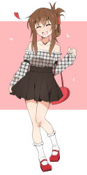 Rule 34 | 1girl, ^ ^, ^o^, alternate costume, bag, bare shoulders, black skirt, bobby socks, brown hair, casual, closed eyes, collarbone, detached sleeves, facing viewer, folded ponytail, full body, graphite (medium), handbag, happy, heart, highres, inazuma (kancolle), jewelry, kantai collection, long hair, long sleeves, mary janes, mechanical pencil, necklace, nel-c, off-shoulder shirt, off shoulder, pencil, plaid, plaid shirt, pleated skirt, red footwear, round teeth, shirt, shoes, sidelocks, simple background, skirt, skirt tug, socks, solo, standing, teeth, traditional media, two-tone background, unmoving pattern, white socks