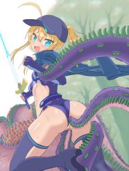Rule 34 | 1girl, ahoge, anal, artoria pendragon (fate), ass, blonde hair, clothing aside, double penetration, fate/grand order, fate (series), hat, highres, holding, holding sword, holding weapon, mysterious heroine x (fate), open mouth, pussy, sea demon, solo, sword, tentacle sex, tentacles, vaginal, weapon