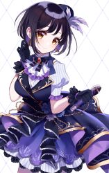 Rule 34 | 1girl, bad id, bad pixiv id, black gloves, black hair, blue footwear, blue vest, blush, brown eyes, closed mouth, commentary request, dress shirt, earrings, feather hair ornament, feathers, flower, gloves, hair ornament, hand up, head tilt, highres, holding, holding microphone, idolmaster, idolmaster cinderella girls, jewelry, lace, lace-trimmed gloves, lace trim, microphone, misumi (macaroni), multicolored hair, pleated skirt, puffy short sleeves, puffy sleeves, purple feathers, purple flower, purple hair, purple skirt, shirt, short sleeves, skirt, smile, solo, striped clothes, striped shirt, striped skirt, takafuji kako, two-tone hair, vertical-striped clothes, vertical-striped shirt, vertical-striped skirt, vest, white shirt