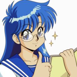Rule 34 | 0tacat, 1980s (style), 1girl, absurdres, asou yuuko, blue eyes, blue hair, blue sailor collar, book, closed mouth, happy, highres, holding, holding book, looking at viewer, mugen senshi valis, oldschool, retro artstyle, round eyewear, sailor collar, shirt, simple background, smile, solo, third-party source, thumbs up, white background, white shirt