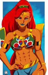 Rule 34 | 1girl, abs, armlet, blue lips, breasts, dark-skinned female, dark skin, earrings, gerudo, green eyes, highres, jewelry, lipstick, looking at viewer, makeup, midriff, muscular, muscular female, naavs, navel, nintendo, pointy ears, red hair, side slit, smile, solo, swept bangs, the legend of zelda, the legend of zelda: breath of the wild, thick eyebrows, urbosa