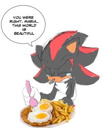 Rule 34 | 1boy, clenched teeth, closed eyes, cowboy shot, eating, food, french fries, fried egg, furry, furry male, gloves, happy, holding, holding food, milanesa (food), milanesa a caballo, novika, picture frame, shadow the hedgehog, simple background, solo, sonic (series), teardrop, tears, teeth, thinking, white background, white gloves