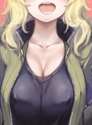 Rule 34 | 1girl, absurdres, aomushi (mushamusha), black shirt, blonde hair, breast focus, breasts, brown jacket, cleavage, covered erect nipples, facing viewer, female focus, girls und panzer, head out of frame, highres, huge filesize, jacket, kay (girls und panzer), large breasts, long hair, military, military uniform, open clothes, open jacket, open mouth, red background, saunders military uniform, shirt, solo, uniform, upper body