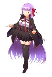 Rule 34 | 10s, 1girl, bb (fate), bb (fate/extra), black skirt, black thighhighs, breasts, cleavage, fate/extra, fate/extra ccc, fate (series), hair ribbon, holding, long hair, ookami maito, purple hair, red ribbon, ribbon, simple background, skirt, smile, solo, thighhighs, very long hair, white background