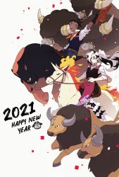 Rule 34 | 2021, 2boys, alternate costume, arm up, belt, black gloves, black hair, bouffalant, brown belt, chinese zodiac, closed mouth, commentary, creatures (company), earrings, eyeshadow, fire, floating hair, galarian form, galarian zigzagoon, game freak, gen 1 pokemon, gen 2 pokemon, gen 5 pokemon, gen 6 pokemon, gen 7 pokemon, gen 8 pokemon, gloves, goomy, happy new year, highres, jewelry, makeup, male focus, miltank, mudsdale, multicolored hair, multiple boys, new year, nintendo, open mouth, pants, piers (pokemon), pokemon, pokemon (creature), pokemon swsh, purple pants, raihan (pokemon), riding, riding pokemon, sitting, sleeves rolled up, smile, tauros, teeth, tongue, two-tone hair, undercut, white hair, year of the ox, zigzagdb