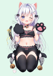 Rule 34 | 1girl, ;d, animal ear fluff, animal ears, animal hands, bare shoulders, bell, black skirt, black thighhighs, cat day, cat ears, cat girl, cat tail, choker, crop top, fang, frills, futaba miwa, gloves, hair ornament, hair rings, hairclip, hands up, jingle bell, long hair, looking at viewer, midriff, miniskirt, navel, no shoes, one eye closed, open mouth, original, paw gloves, purple eyes, ribbon, silver hair, sitting, skirt, sleeveless, smile, solo, tail, tail ornament, tail ribbon, thighhighs, wariza, zettai ryouiki