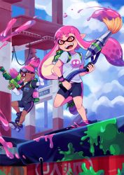 Rule 34 | 2girls, artist name, bike shorts, black shorts, blue sky, cloud, dark-skinned female, dark skin, day, fangs, goggles, goggles on head, grin, ink tank (splatoon), inkbrush (splatoon), inkling, inkling boy, inkling girl, inkling player character, layered clothes, layered sleeves, long sleeves, multiple girls, nintendo, open mouth, orange eyes, paint splatter, pink eyes, pink hair, pointy ears, ponytail, shirt, shoes, short over long sleeves, short sleeves, shorts, signature, single vertical stripe, sky, smile, sneakers, splatoon (series), splatoon 1, splattershot (splatoon), structure, suikka, super soaker, t-shirt, tentacle hair, wristband