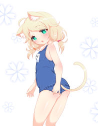 Rule 34 | adjusting clothes, adjusting swimsuit, ahoge, animal ear fluff, animal ears, ass, blonde hair, blush, breasts, cat ears, cat girl, cat tail, from behind, green eyes, highres, hosizora mikoto, idolmaster, idolmaster cinderella girls, long hair, looking back, old school swimsuit, open mouth, school swimsuit, small breasts, swimsuit, tail, thighs, twintails, yusa kozue