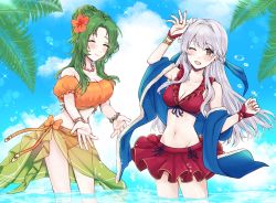 Rule 34 | 2girls, ;d, arm up, bare shoulders, bikini, bikini skirt, blue scarf, blue sky, blush, bow, braid, breasts, cleavage, closed eyes, collarbone, crown braid, elincia ridell crimea, fingerless gloves, fire emblem, fire emblem: radiant dawn, fire emblem heroes, flower, gloves, grey hair, groin, hair flower, hair ornament, hair ribbon, half updo, highres, jewelry, large breasts, long hair, medium breasts, micaiah (fire emblem), micaiah (summer) (fire emblem), misato hao, multiple girls, navel, necklace, nintendo, official alternate costume, one eye closed, open mouth, orange bikini, palm tree, red bikini, red gloves, ribbon, scarf, sky, smile, swimsuit, towel, tree, wristband, yellow eyes