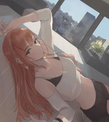 Rule 34 | 1girl, bike shorts, black eyes, blush, cityscape, dutch angle, expressionless, highres, long hair, looking at viewer, lying, midriff, mxwbr, navel, on back, original, pink hair, plant, potted plant, solo, sports bra, wooden floor