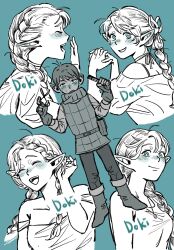 Rule 34 | 1boy, 1girl, armor, blue theme, blush, boots, braid, braided bangs, chilchuck tims, closed eyes, closed mouth, comb, dungeon meshi, fingerless gloves, gloves, hair ribbon, highres, holding, holding scissors, jewelry, jiang1818, leather armor, long hair, marcille donato, monochrome, multiple views, neck warmer, necklace, open mouth, pointy ears, ribbon, scissors, single braid, sweat, twin braids