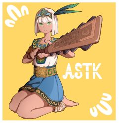 Rule 34 | 1girl, anklet, armlet, asatsuki (cookie), aztec, aztec glyphs, barefoot, blue skirt, blunt bangs, bob cut, bracelet, character name, cookie (touhou), feather hair ornament, feathers, green eyes, hair ornament, headdress, highres, holding, holding sword, holding weapon, initial, jewelry, konpaku youmu, legs, light brown hair, looking at viewer, macuahuitl, mefomefo, mesoamerica, outline, seiza, serious, shirt, simple background, sitting, skirt, sleeveless, sleeveless shirt, solo, sword, touhou, weapon, white shirt, yellow background