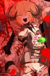 Rule 34 | 1girl, barbed wire, blonde hair, blood, blood on clothes, cowboy shot, don quixote (project moon), e.g.o (project moon), hammer, highres, holding, holding hammer, horns, jacket, lemonail, light bulb, limbus company, lobotomy corporation, meat lantern (project moon), open mouth, pants, project moon, sharp teeth, sheep horns, smile, solo, teeth, white jacket, white pants, yellow eyes