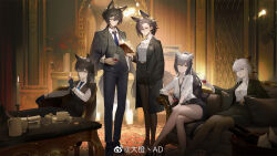 Rule 34 | 1boy, 4girls, alcohol, animal ear fluff, animal ears, arknights, black hair, black necktie, black pantyhose, blue necktie, book, brown hair, business suit, candle, candlestand, cat ears, cat girl, cat tail, closed mouth, cup, dacheng ad, drinking glass, earrings, extra ears, fingerless gloves, flower, fork, formal, gloves, hair between eyes, high heels, highres, holding, holding book, holding cup, jacket, jacket on shoulders, jewelry, lapels, lappland (arknights), long hair, loose necktie, multiple girls, necklace, necktie, official alternate costume, pant suit, pants, pantyhose, parted lips, penance (arknights), ponytail, schwarz (arknights), shirt, short hair, sidelocks, skirt, skirt suit, suit, suit jacket, swept bangs, tail, teacup, texas (arknights), texas the omertosa (arknights), vigil (arknights), waistcoat, watch, watermark, weibo logo, weibo watermark, white hair, white shirt, wine, wine glass, wolf boy, wolf ears, wolf girl, wolf tail, wristwatch, yellow eyes