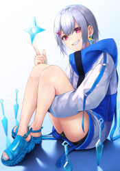 Rule 34 | 1girl, bad id, bad pixiv id, balancing, black shorts, blue background, blue footwear, blue nails, commentary request, crossed ankles, earrings, eyebrows hidden by hair, full body, glint, gradient background, grin, hair between eyes, hand up, highres, hugging own legs, ironatsuki, jacket, jewelry, kunai, long sleeves, looking at viewer, nail polish, original, red eyes, short hair, short shorts, shorts, shuriken, shuriken hair ornament, silver hair, smile, solo, toenail polish, toenails, weapon, white background, white jacket