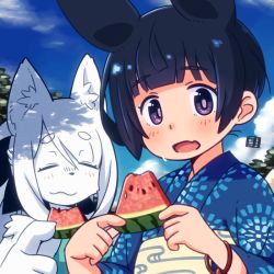 Rule 34 | 1girl, animal, animal ears, blush, day, closed eyes, fang, food, fruit, furry, furry female, holding, holding food, japanese clothes, kimono, kukuri (mawaru), mawaru (mawaru), original, outdoors, purple eyes, sash, short hair, skin fang, watermelon