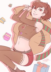 Rule 34 | 1girl, armpits, christmas, christmas present, crop top, facing viewer, gift, gingerbread man, highres, lips, looking at viewer, midriff, navel, omniformblue, persona, persona 3, persona 3 portable, pink lips, red eyes, sack, scarf, shiomi kotone, short hair, shorts, simple background, smile, solo, thighhighs, white background