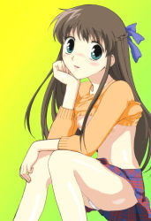 Rule 34 | 1girl, blue eyes, blush, bow, braid, breasts, brown hair, clothes lift, fruits basket, gradient background, honda tooru, long hair, looking at viewer, midriff, miniskirt, panties, plait, shirt lift, simple background, skirt, small breasts, solo, underwear