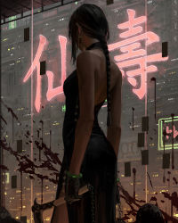 Rule 34 | 1girl, 2others, ass, backless dress, backless outfit, black dress, black gloves, black hair, blood, blood splatter, braid, braided ponytail, building, chain, commentary, corpse, dress, english commentary, facing away, gloves, guweiz, highres, holding, holding weapon, kusarigama, long hair, multiple others, neon lights, original, sickle, side slit, single braid, sleeveless, sleeveless dress, solo focus, very long hair, weapon, window